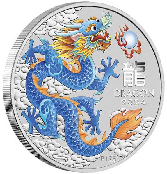 Lunar 3 Drache 1 Unze Silbermünze 2024 Blau