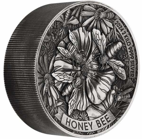 Honey Bee - 2 Kg Silber Antik Finish High Relief 2024 + Box +COA*